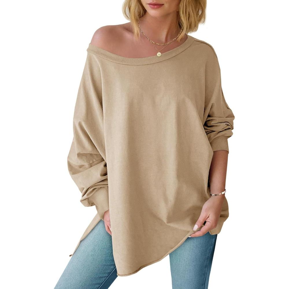 imageTankaneo Womens Oversized Off The Shoulder Tops Long Sleeve Trendy Casual TShirts Side Slit Loose Fit Tunic ShirtsKhaki