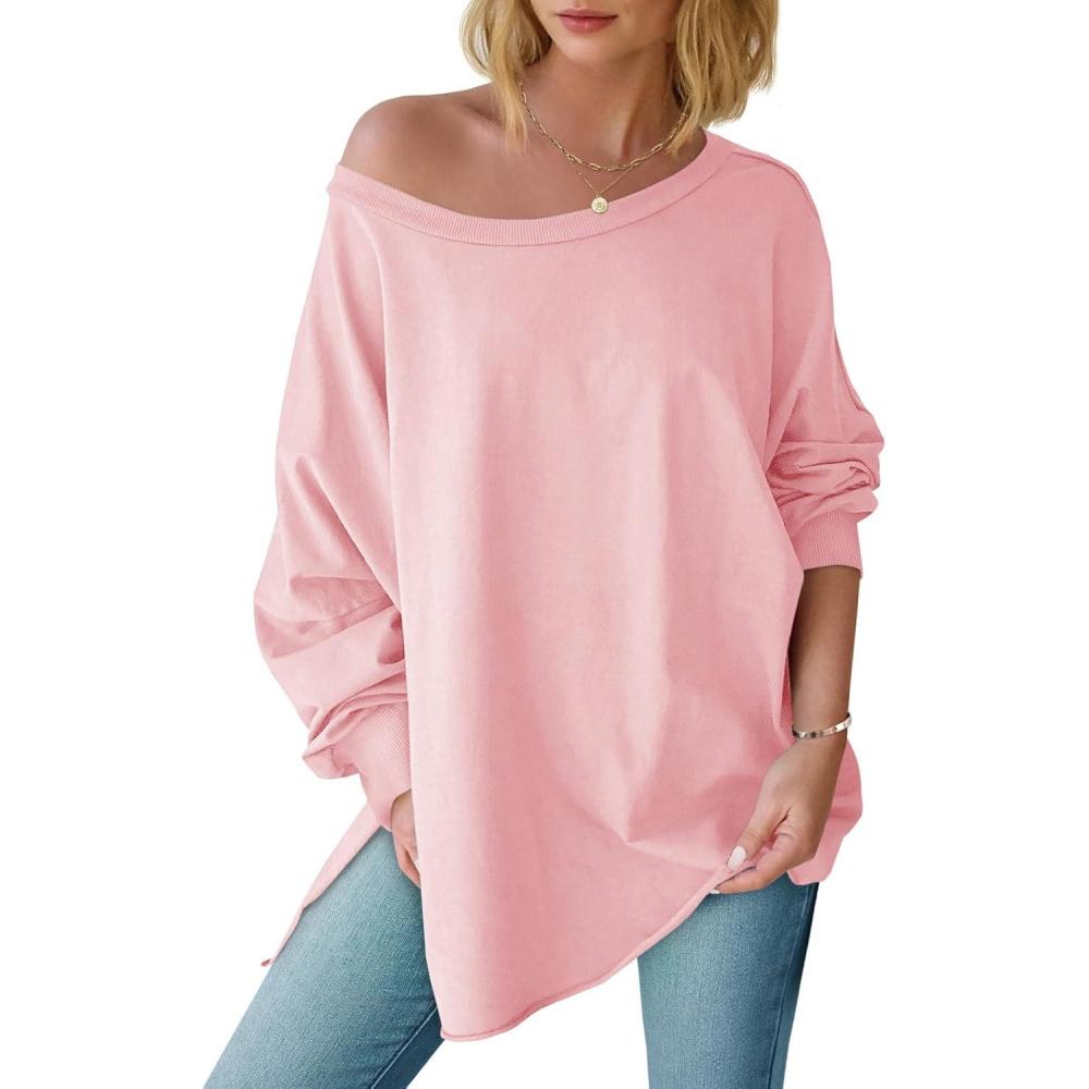 imageTankaneo Womens Oversized Off The Shoulder Tops Long Sleeve Trendy Casual TShirts Side Slit Loose Fit Tunic ShirtsPink