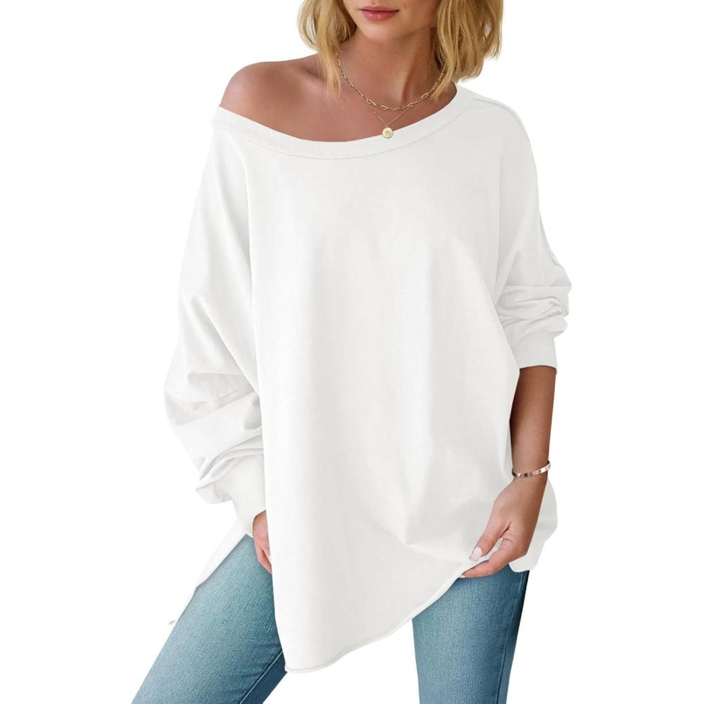 imageTankaneo Womens Oversized Off The Shoulder Tops Long Sleeve Trendy Casual TShirts Side Slit Loose Fit Tunic ShirtsWhite