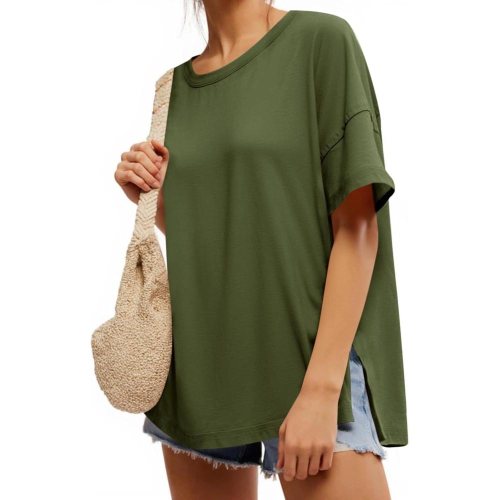 imageTankaneo Womens Oversized Short Sleeve T Shirts Summer Casual Crew Neck Tunic Tops Loose Fit Basic Side Split TeesArmy Green
