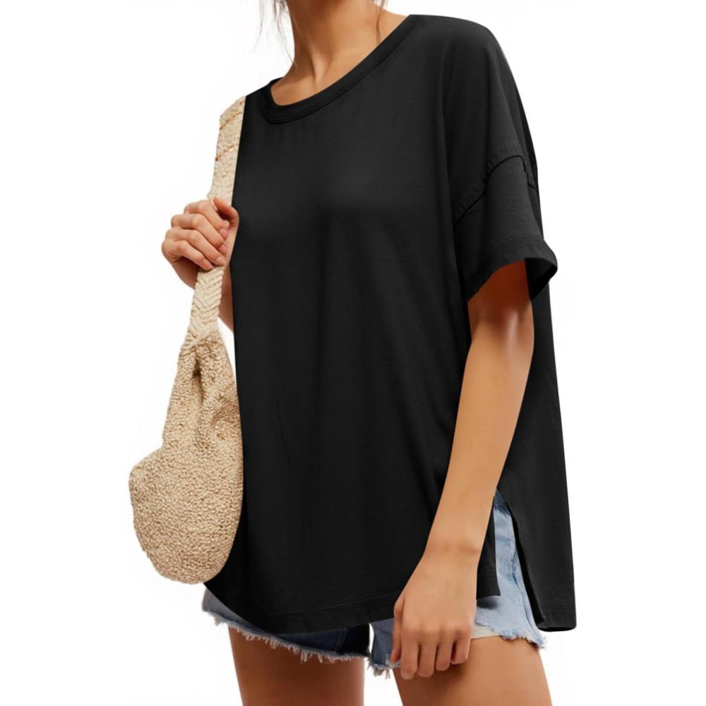 imageTankaneo Womens Oversized Short Sleeve T Shirts Summer Casual Crew Neck Tunic Tops Loose Fit Basic Side Split TeesBlack