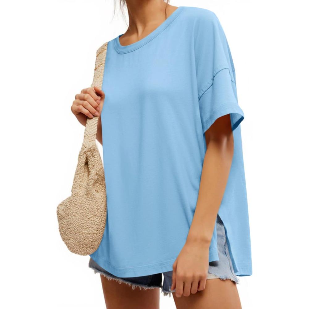 imageTankaneo Womens Oversized Short Sleeve T Shirts Summer Casual Crew Neck Tunic Tops Loose Fit Basic Side Split TeesBlue