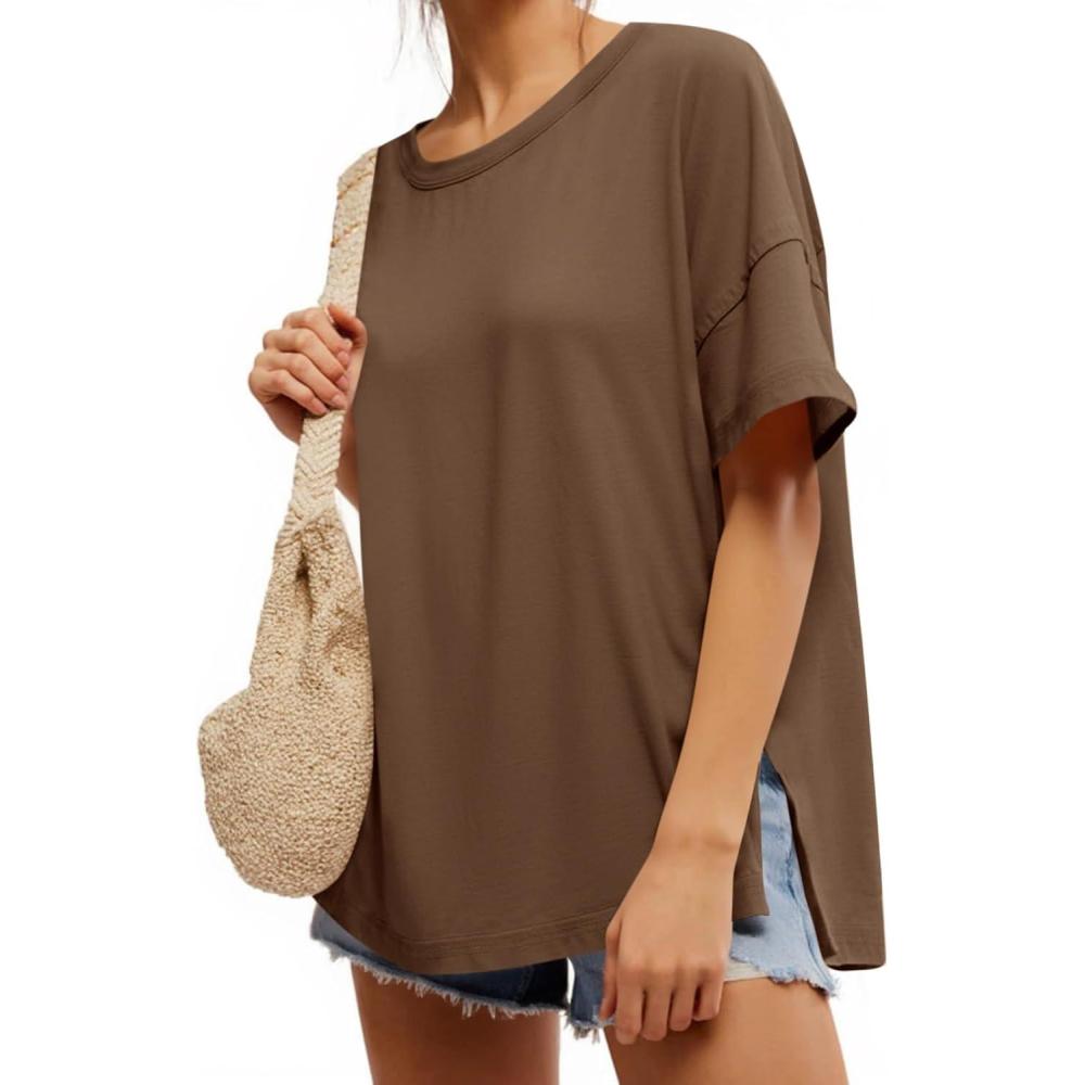 imageTankaneo Womens Oversized Short Sleeve T Shirts Summer Casual Crew Neck Tunic Tops Loose Fit Basic Side Split TeesBrown