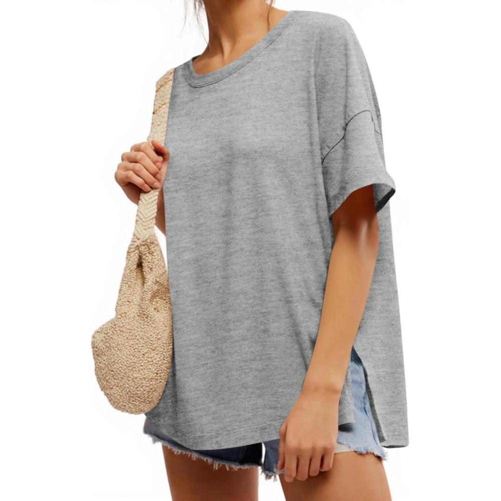 imageTankaneo Womens Oversized Short Sleeve T Shirts Summer Casual Crew Neck Tunic Tops Loose Fit Basic Side Split TeesGrey