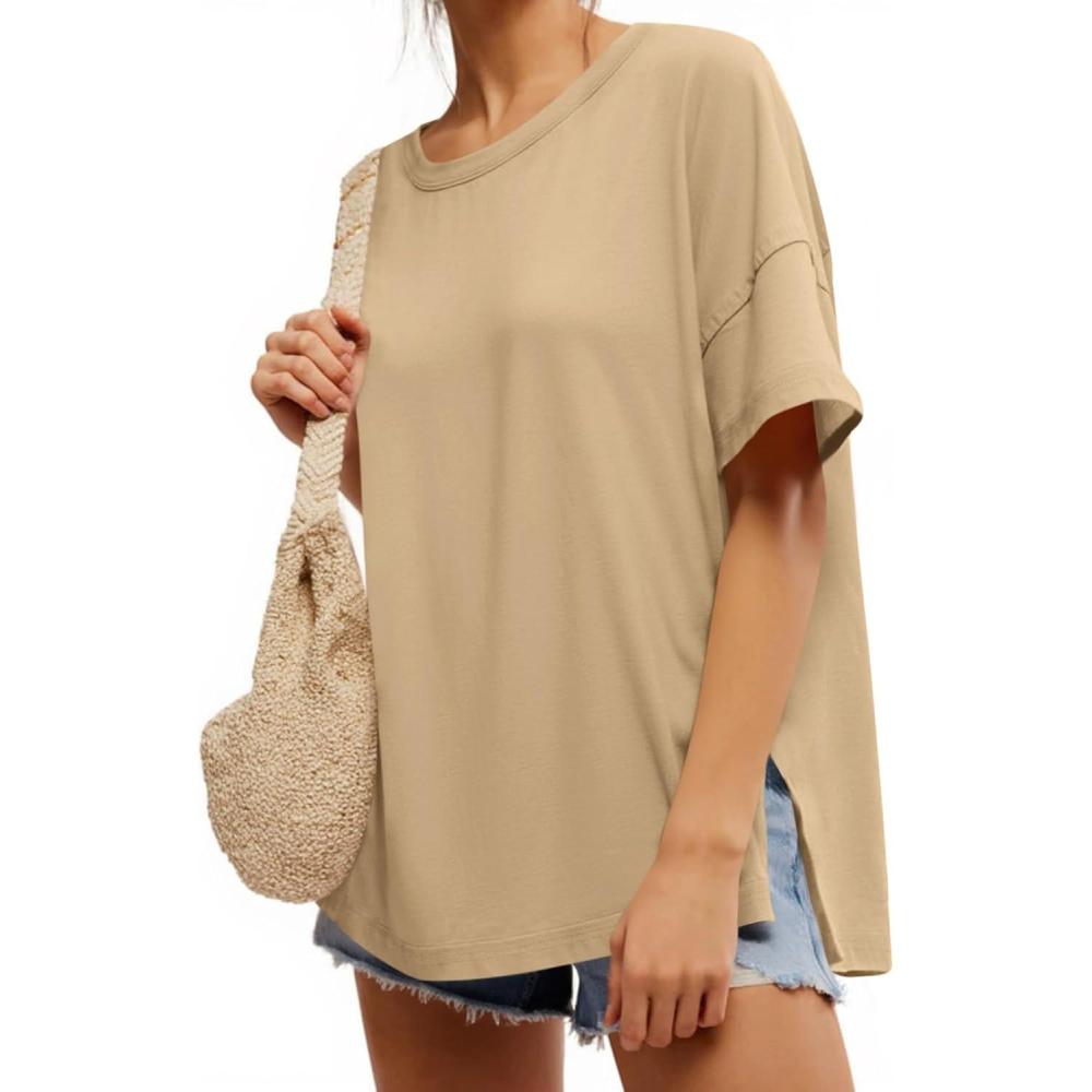 imageTankaneo Womens Oversized Short Sleeve T Shirts Summer Casual Crew Neck Tunic Tops Loose Fit Basic Side Split TeesKhaki