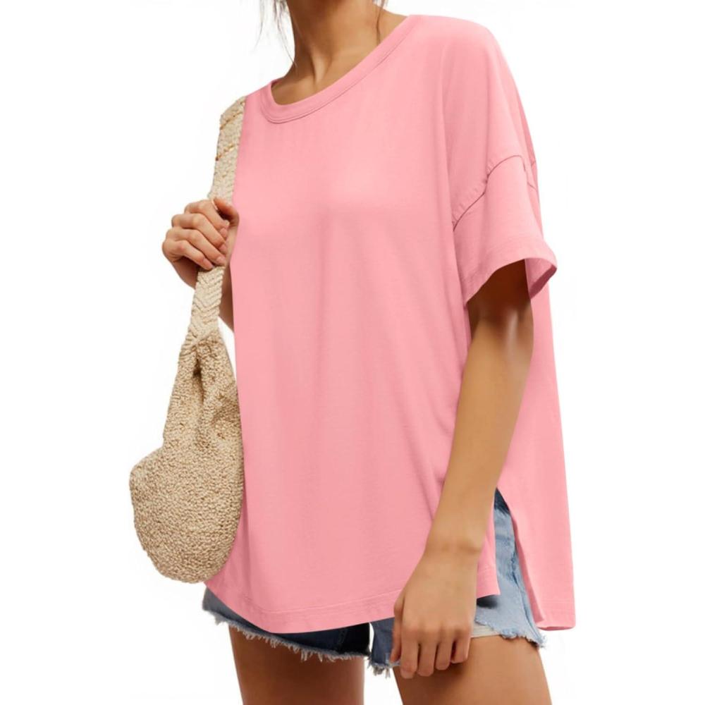 imageTankaneo Womens Oversized Short Sleeve T Shirts Summer Casual Crew Neck Tunic Tops Loose Fit Basic Side Split TeesPink