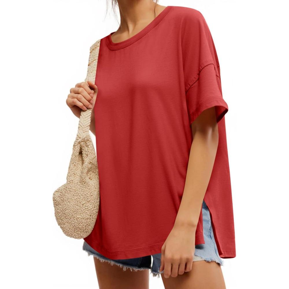 imageTankaneo Womens Oversized Short Sleeve T Shirts Summer Casual Crew Neck Tunic Tops Loose Fit Basic Side Split TeesRed