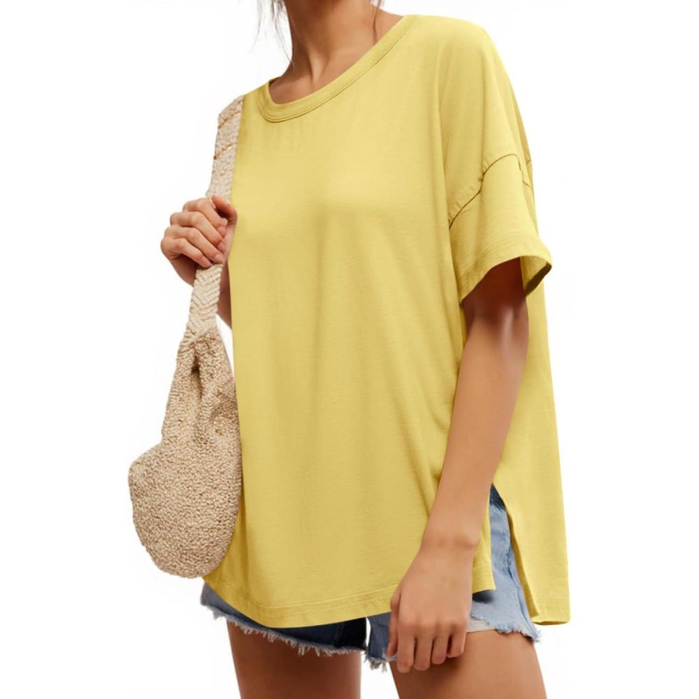 imageTankaneo Womens Oversized Short Sleeve T Shirts Summer Casual Crew Neck Tunic Tops Loose Fit Basic Side Split TeesYellow