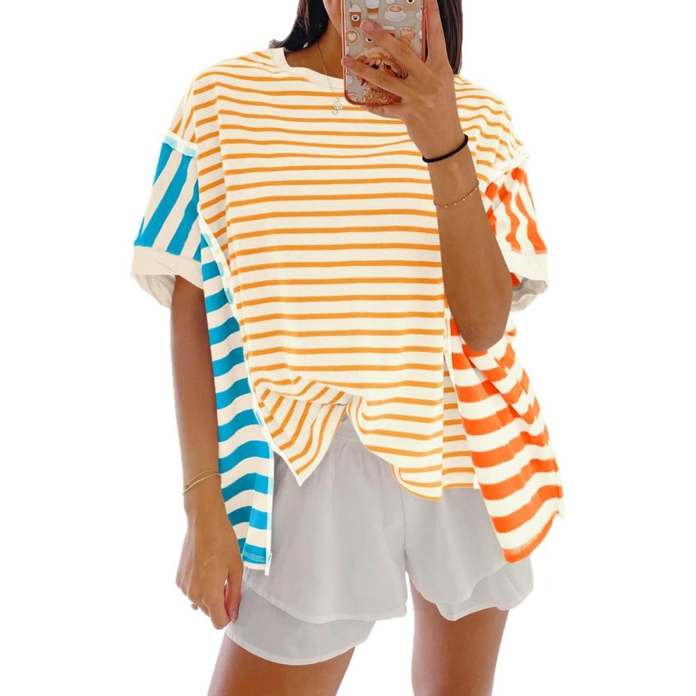 imageTankaneo Womens Oversized Striped TShirts Color Block Short Sleeve Tee Tops Summer Casual High Low Hem ShirtsBeige