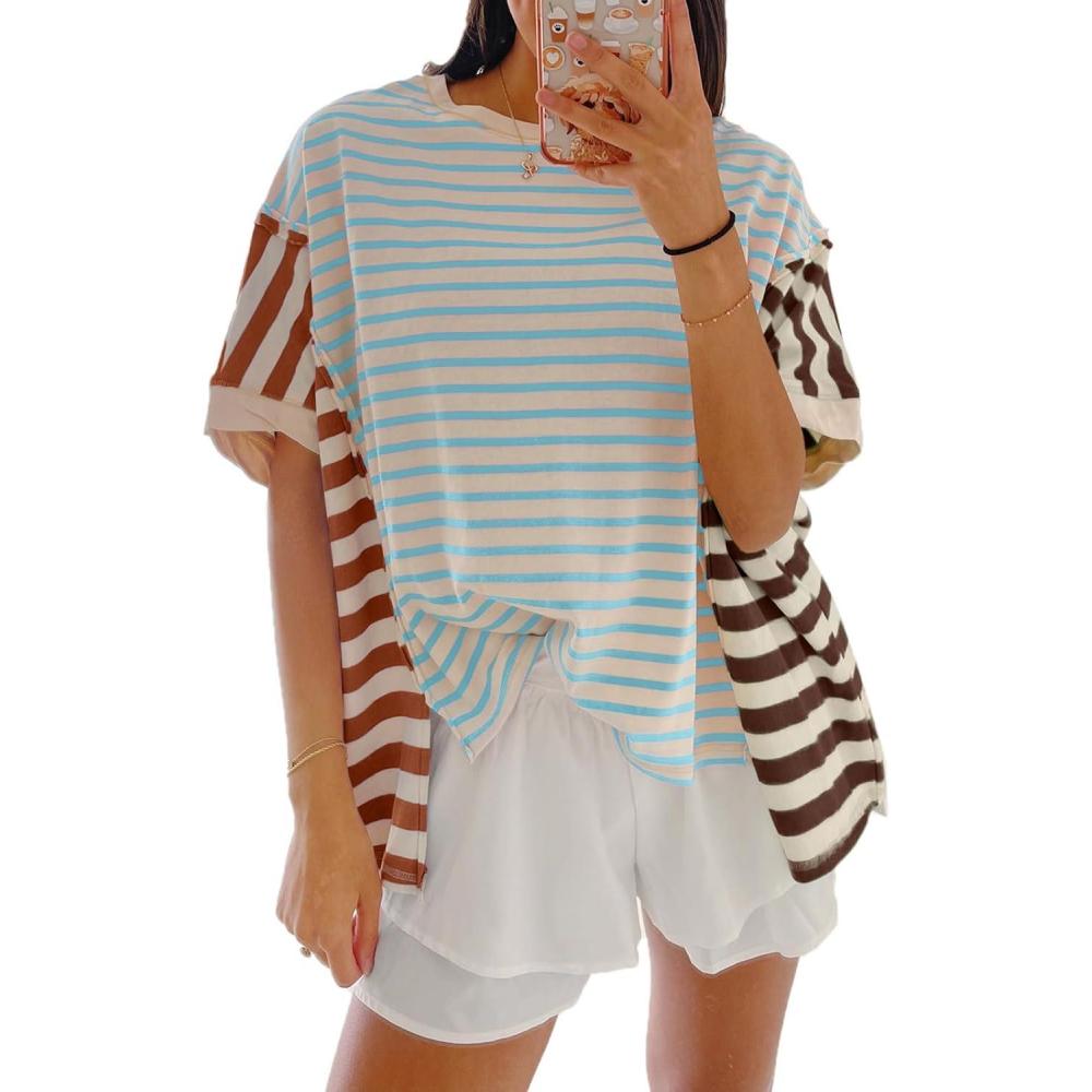imageTankaneo Womens Oversized Striped TShirts Color Block Short Sleeve Tee Tops Summer Casual High Low Hem ShirtsLake Blue
