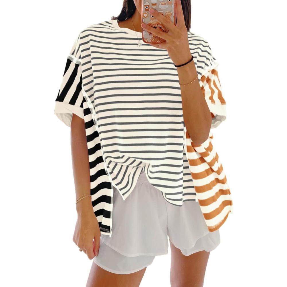 imageTankaneo Womens Oversized Striped TShirts Color Block Short Sleeve Tee Tops Summer Casual High Low Hem ShirtsLight Grey