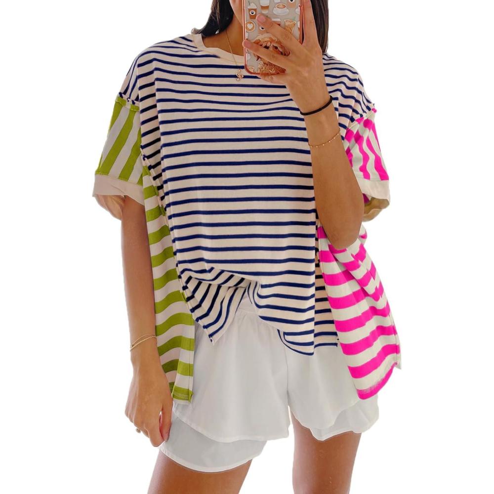 imageTankaneo Womens Oversized Striped TShirts Color Block Short Sleeve Tee Tops Summer Casual High Low Hem ShirtsNavy