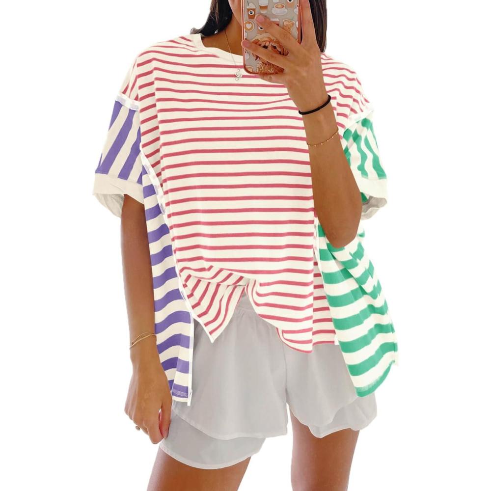 imageTankaneo Womens Oversized Striped TShirts Color Block Short Sleeve Tee Tops Summer Casual High Low Hem ShirtsPink
