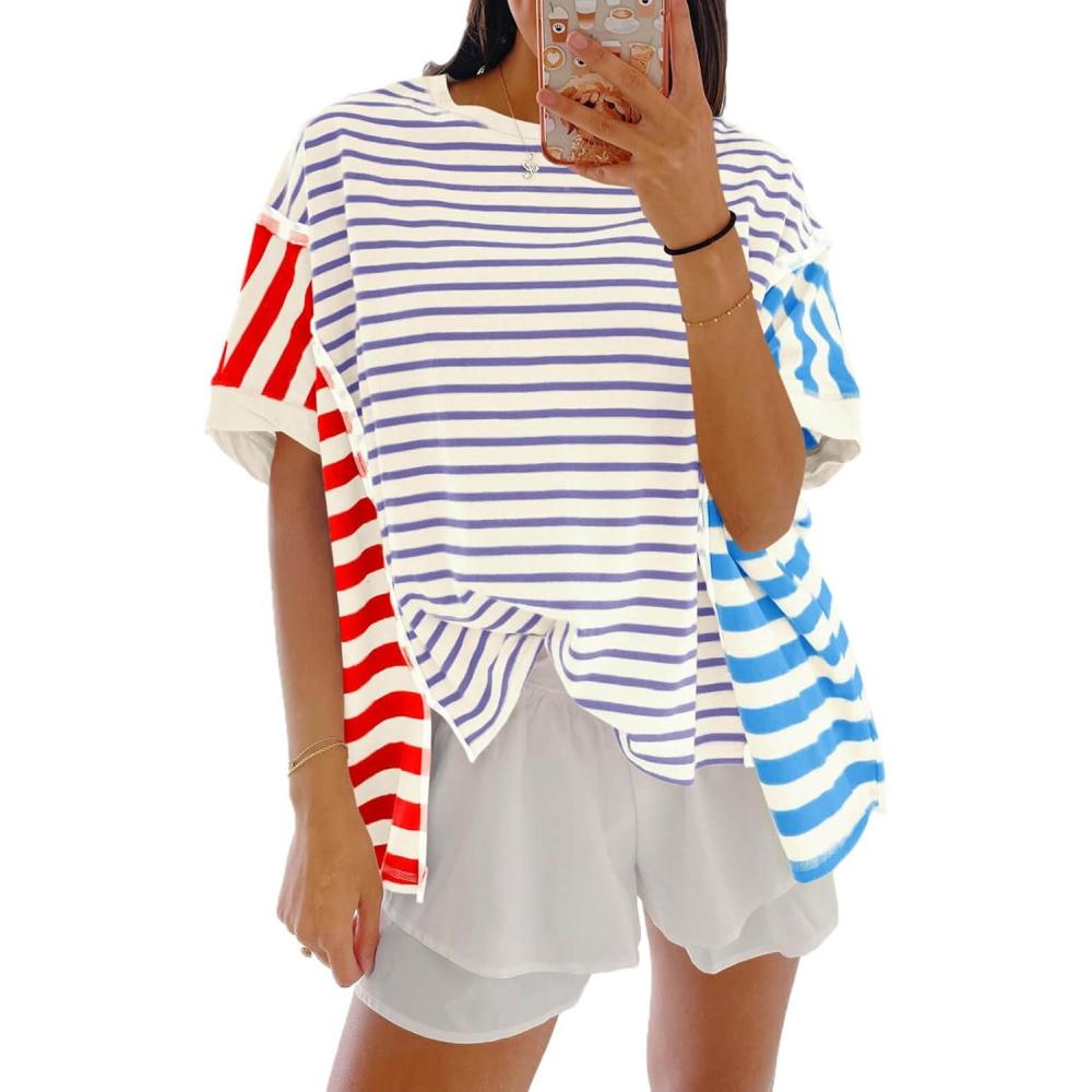 imageTankaneo Womens Oversized Striped TShirts Color Block Short Sleeve Tee Tops Summer Casual High Low Hem ShirtsPurple