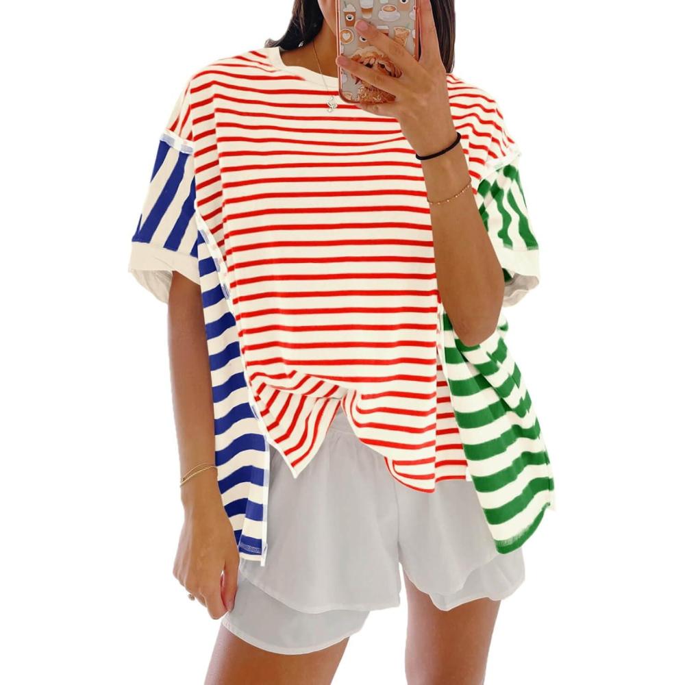 imageTankaneo Womens Oversized Striped TShirts Color Block Short Sleeve Tee Tops Summer Casual High Low Hem ShirtsRed