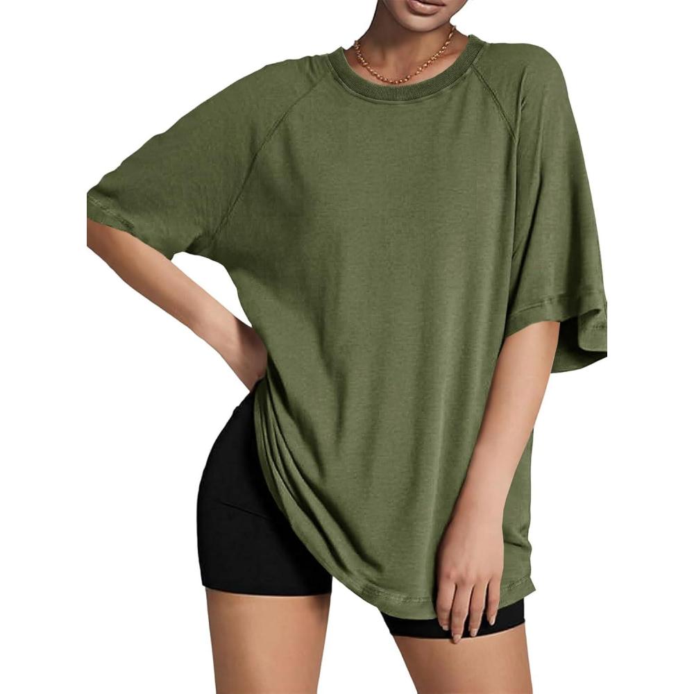 imageTankaneo Womens Oversized Tshirts Crew Neck Short Raglan Sleeve Tunic Tops Summer Casual Loose Fit Workout Tee ShirtsArmy Green