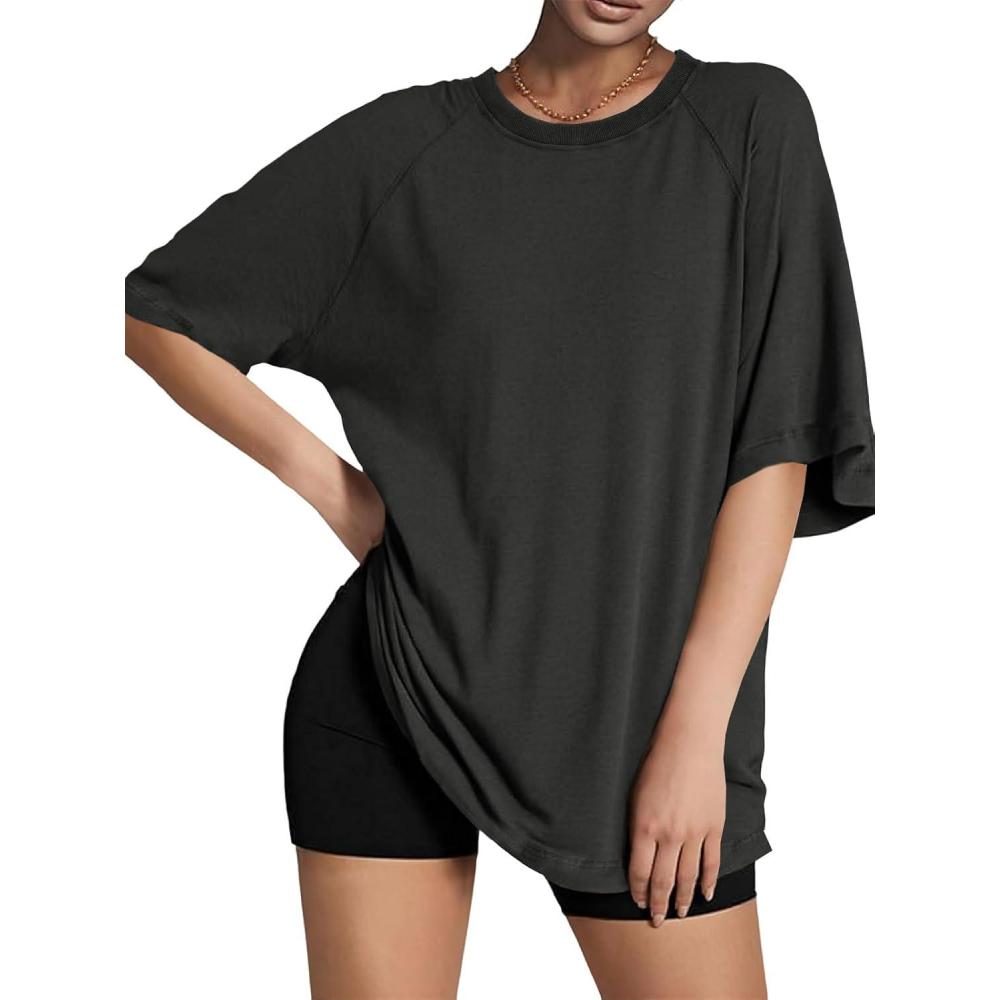 imageTankaneo Womens Oversized Tshirts Crew Neck Short Raglan Sleeve Tunic Tops Summer Casual Loose Fit Workout Tee ShirtsBlack