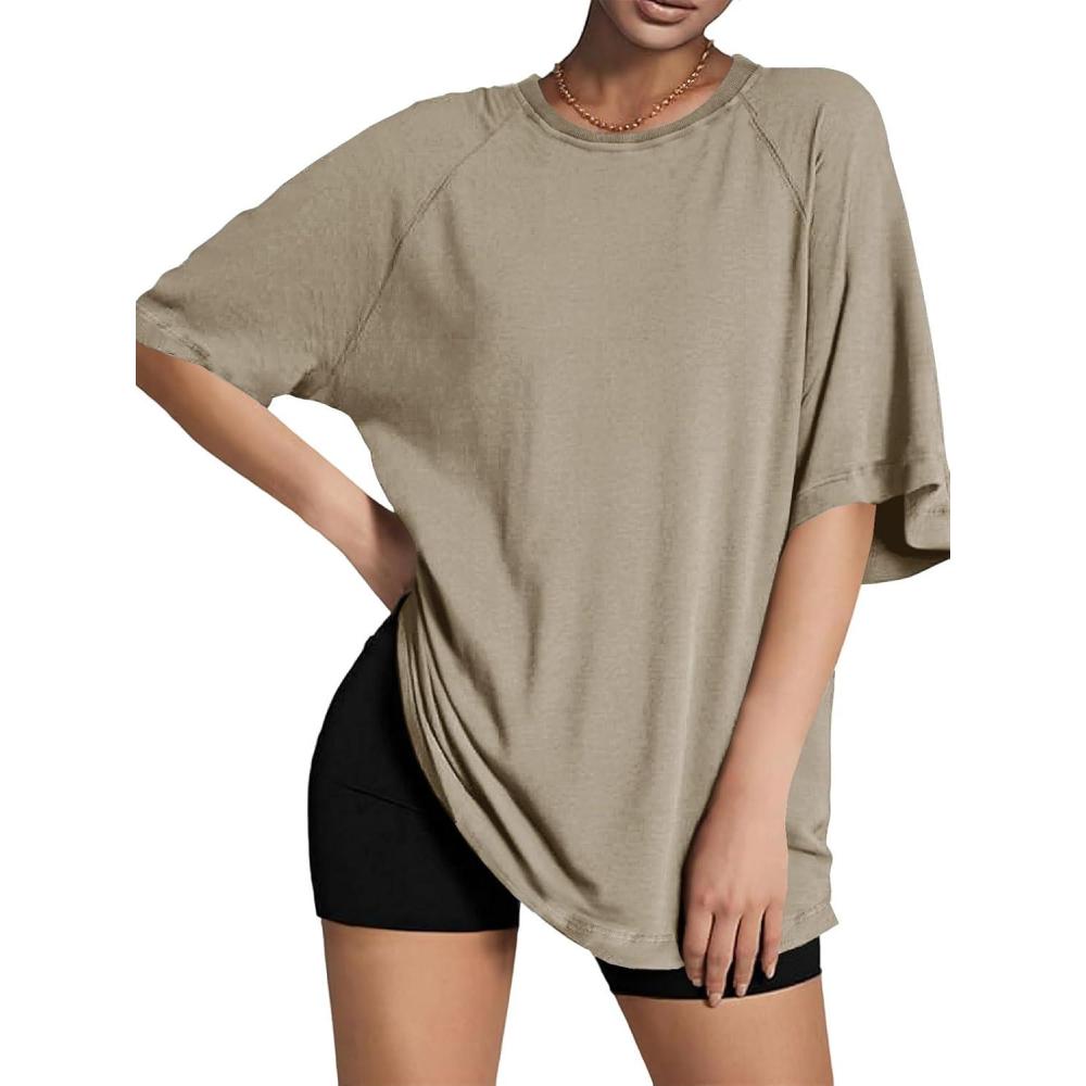 imageTankaneo Womens Oversized Tshirts Crew Neck Short Raglan Sleeve Tunic Tops Summer Casual Loose Fit Workout Tee ShirtsDark Khaki