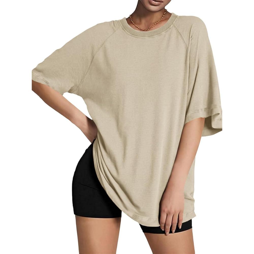 imageTankaneo Womens Oversized Tshirts Crew Neck Short Raglan Sleeve Tunic Tops Summer Casual Loose Fit Workout Tee ShirtsKhaki