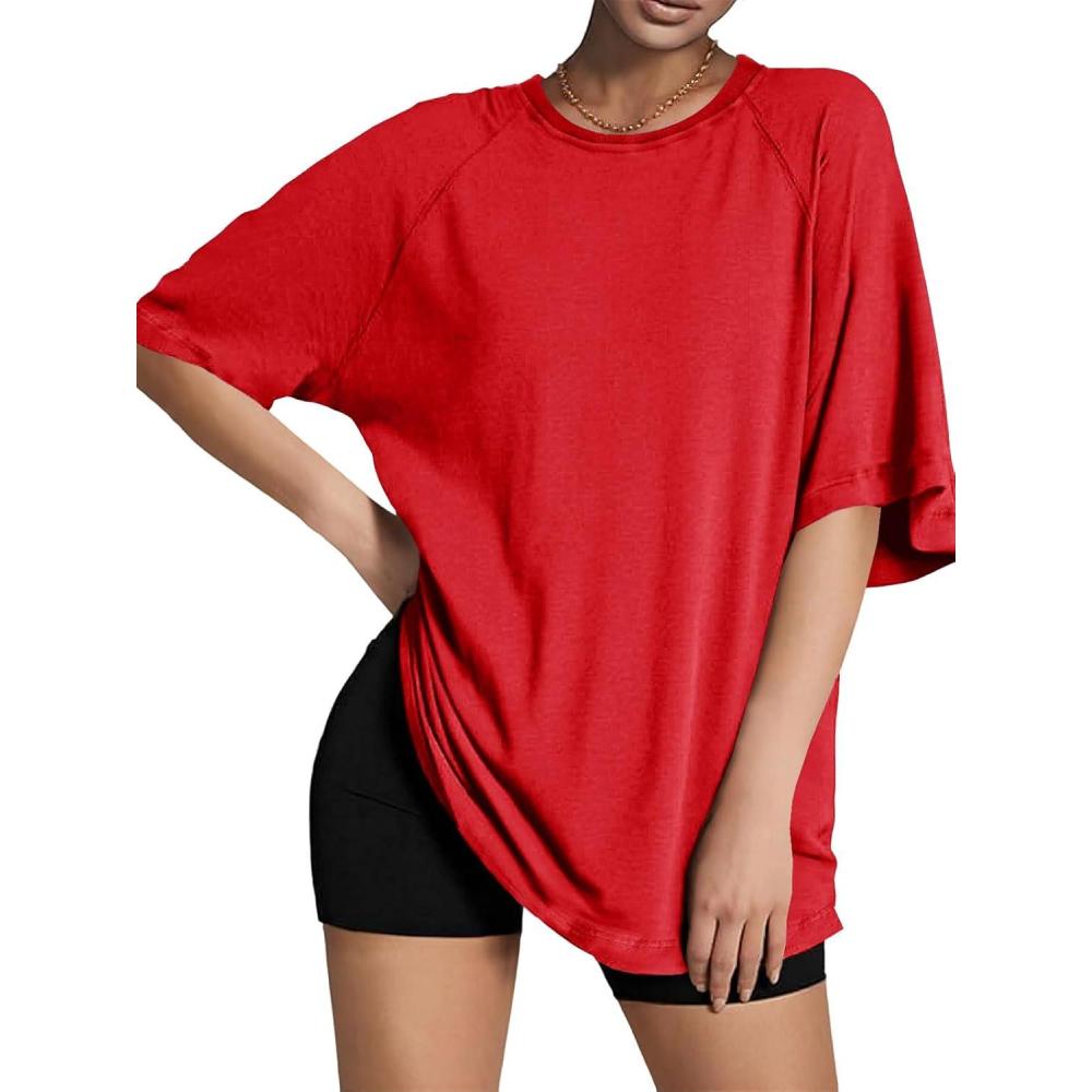 imageTankaneo Womens Oversized Tshirts Crew Neck Short Raglan Sleeve Tunic Tops Summer Casual Loose Fit Workout Tee ShirtsRed
