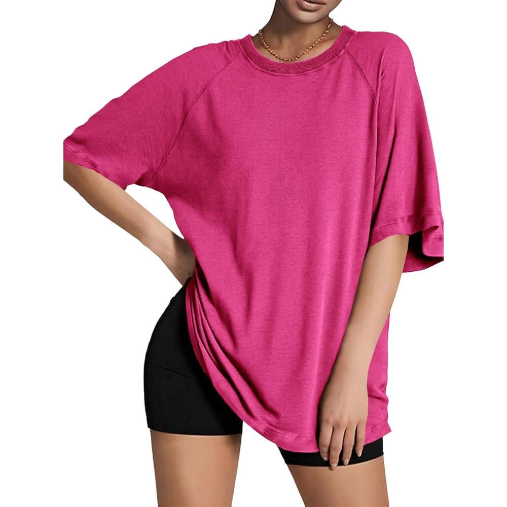 imageTankaneo Womens Oversized Tshirts Crew Neck Short Raglan Sleeve Tunic Tops Summer Casual Loose Fit Workout Tee ShirtsRose Red