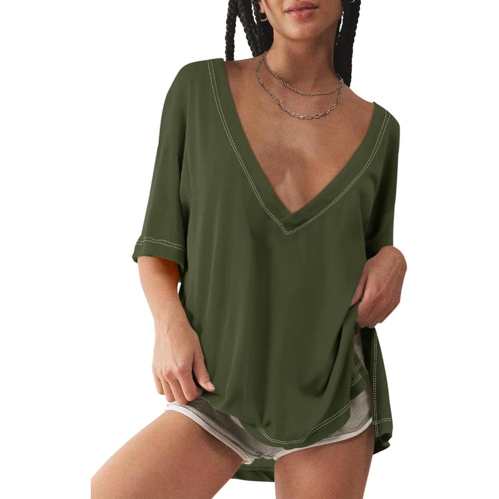 imageTankaneo Womens Oversized Tshirts Deep V Neck Short Sleeve Tops Summer Casual Loose Fit Side Slit Tunic ShirtsArmy Green