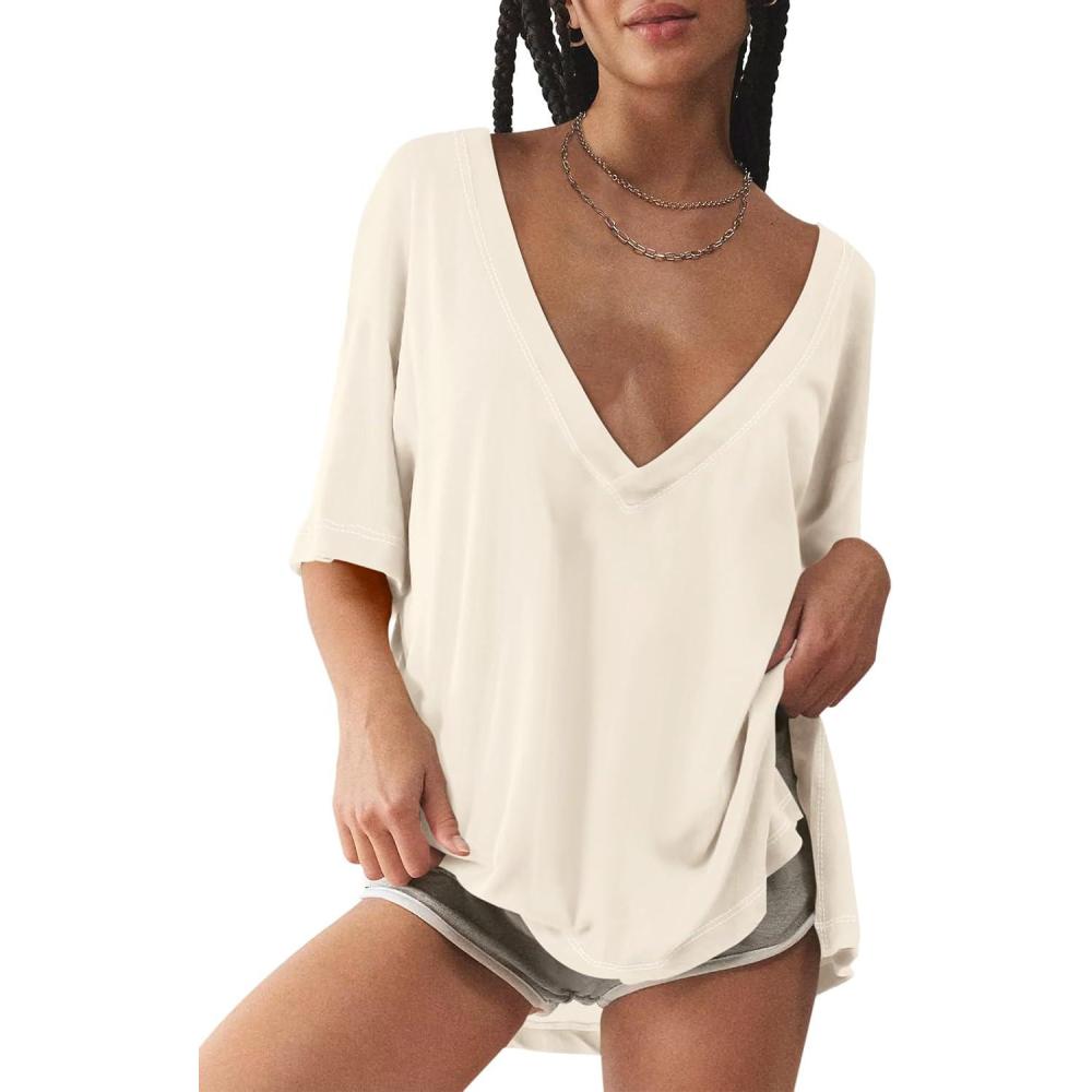 imageTankaneo Womens Oversized Tshirts Deep V Neck Short Sleeve Tops Summer Casual Loose Fit Side Slit Tunic ShirtsBeige