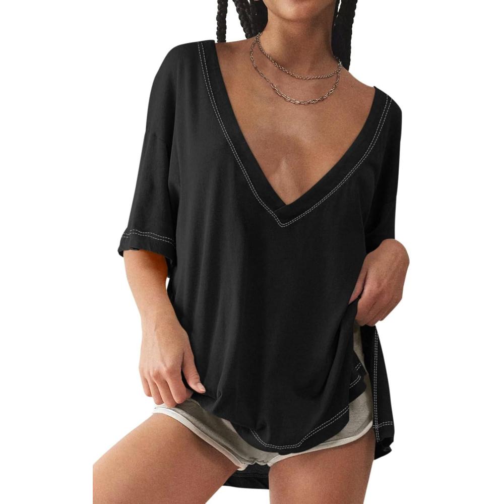 imageTankaneo Womens Oversized Tshirts Deep V Neck Short Sleeve Tops Summer Casual Loose Fit Side Slit Tunic ShirtsBlack
