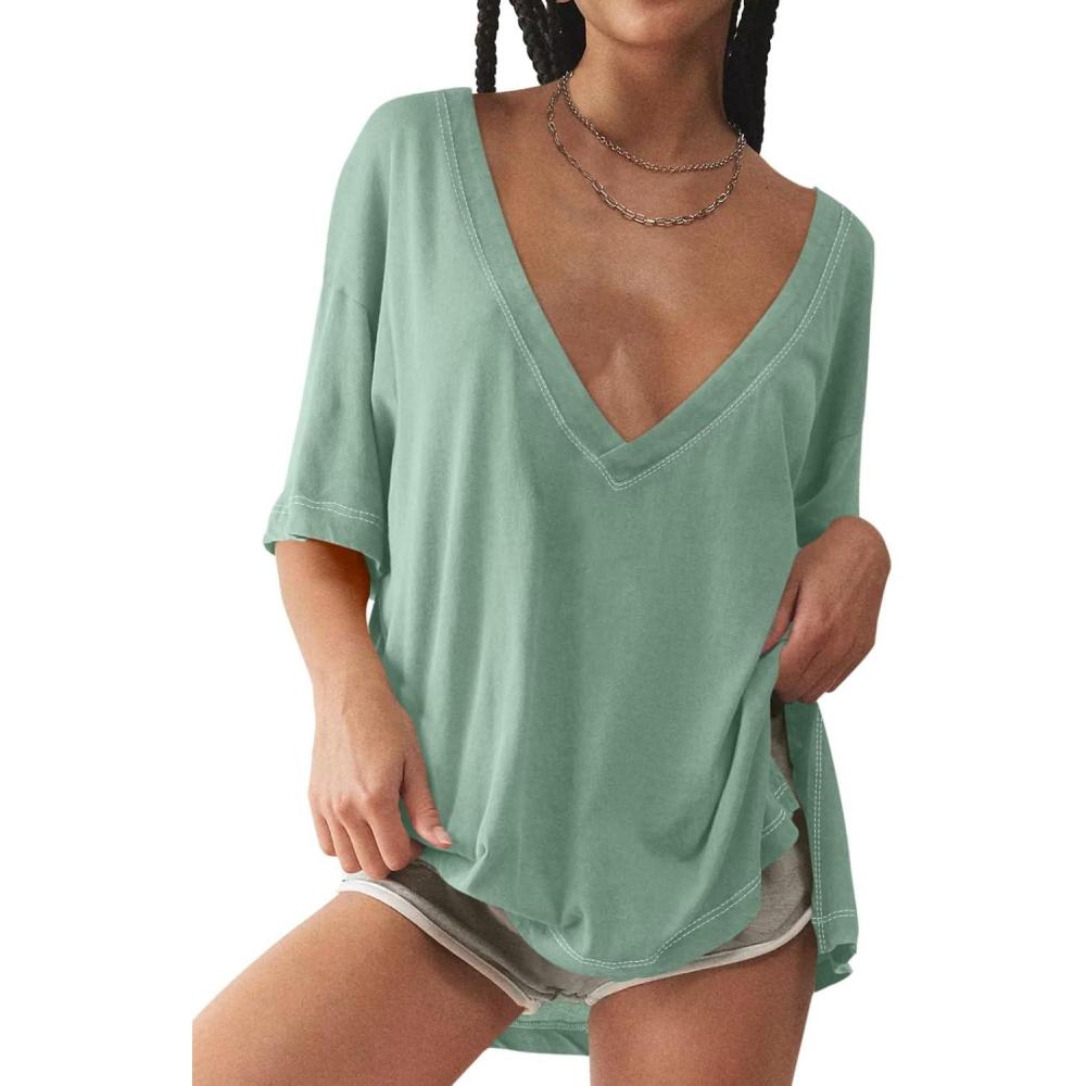 imageTankaneo Womens Oversized Tshirts Deep V Neck Short Sleeve Tops Summer Casual Loose Fit Side Slit Tunic ShirtsBlue Green
