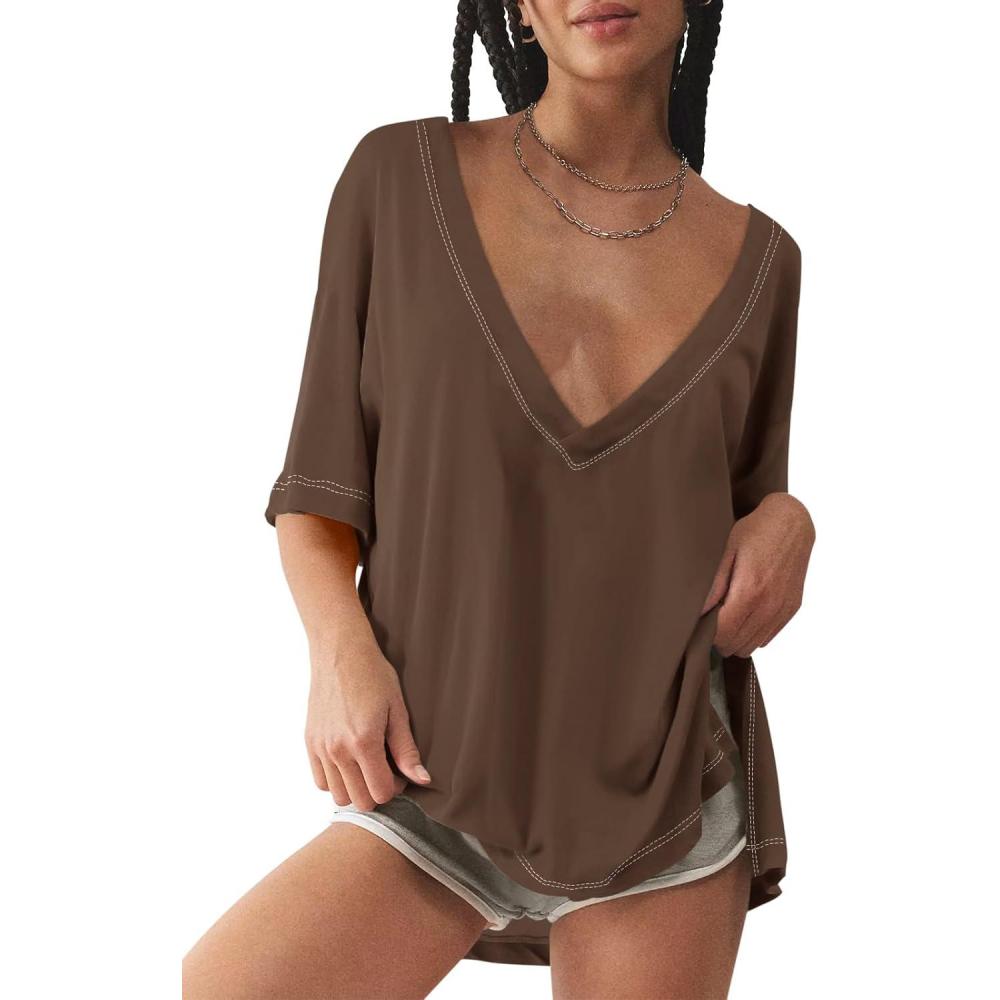 imageTankaneo Womens Oversized Tshirts Deep V Neck Short Sleeve Tops Summer Casual Loose Fit Side Slit Tunic ShirtsBrown
