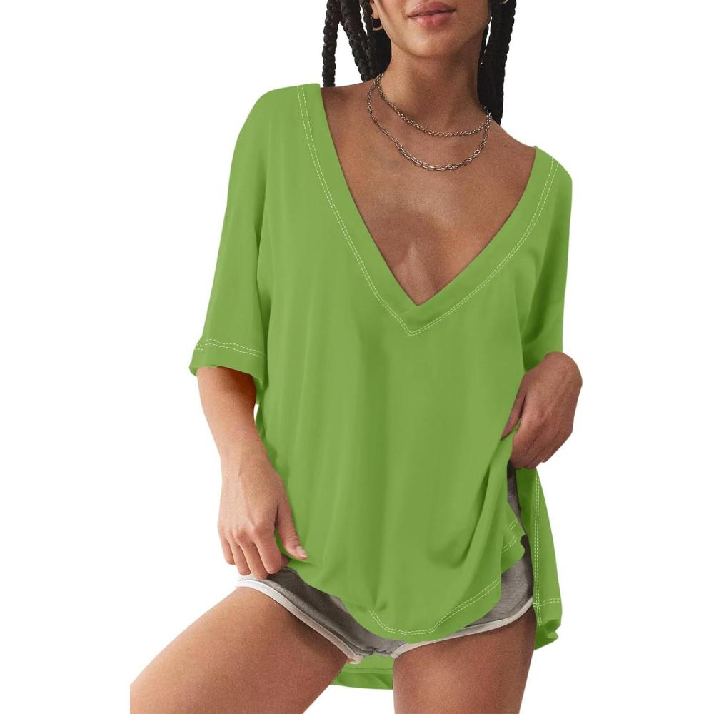 imageTankaneo Womens Oversized Tshirts Deep V Neck Short Sleeve Tops Summer Casual Loose Fit Side Slit Tunic ShirtsGreen