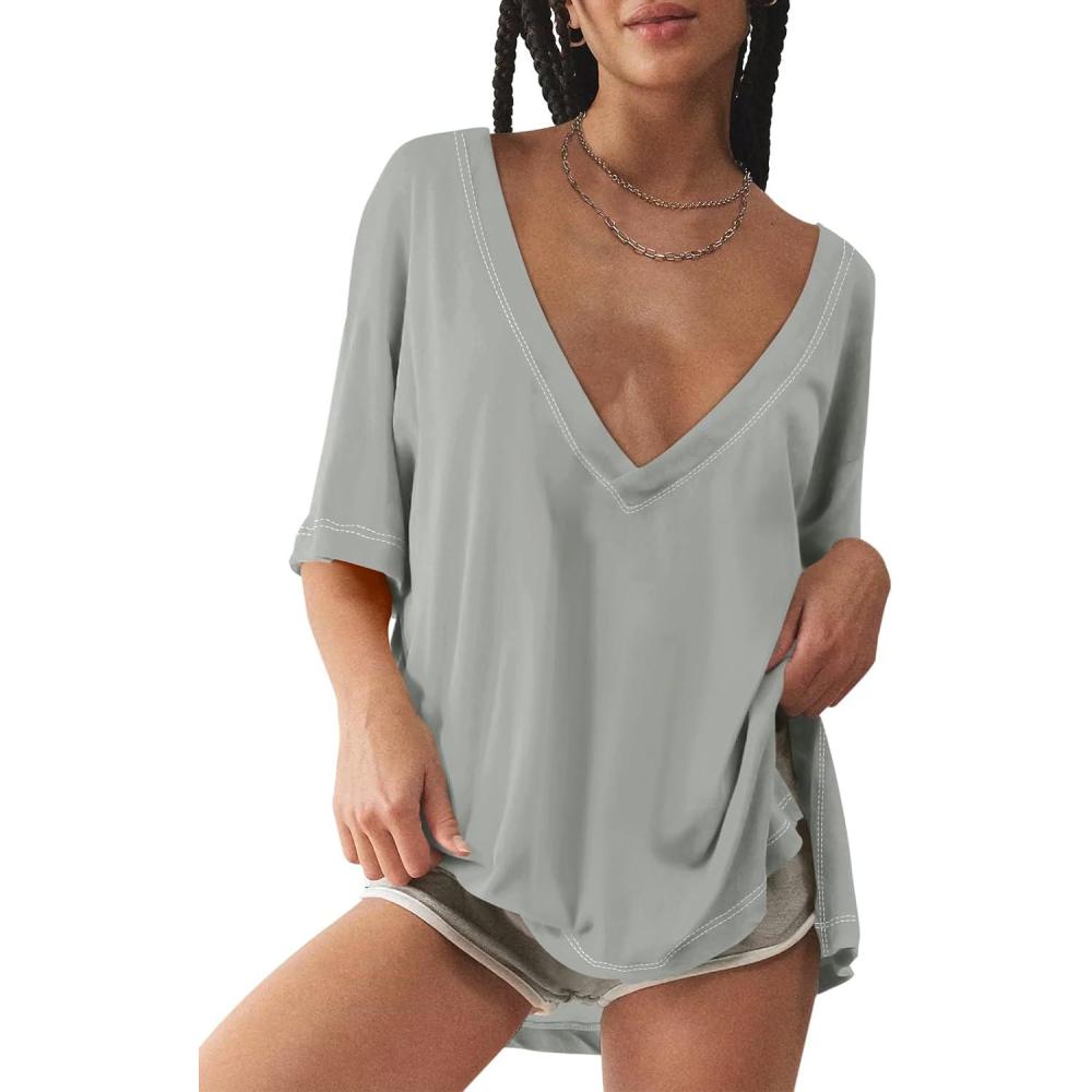 imageTankaneo Womens Oversized Tshirts Deep V Neck Short Sleeve Tops Summer Casual Loose Fit Side Slit Tunic ShirtsGrey