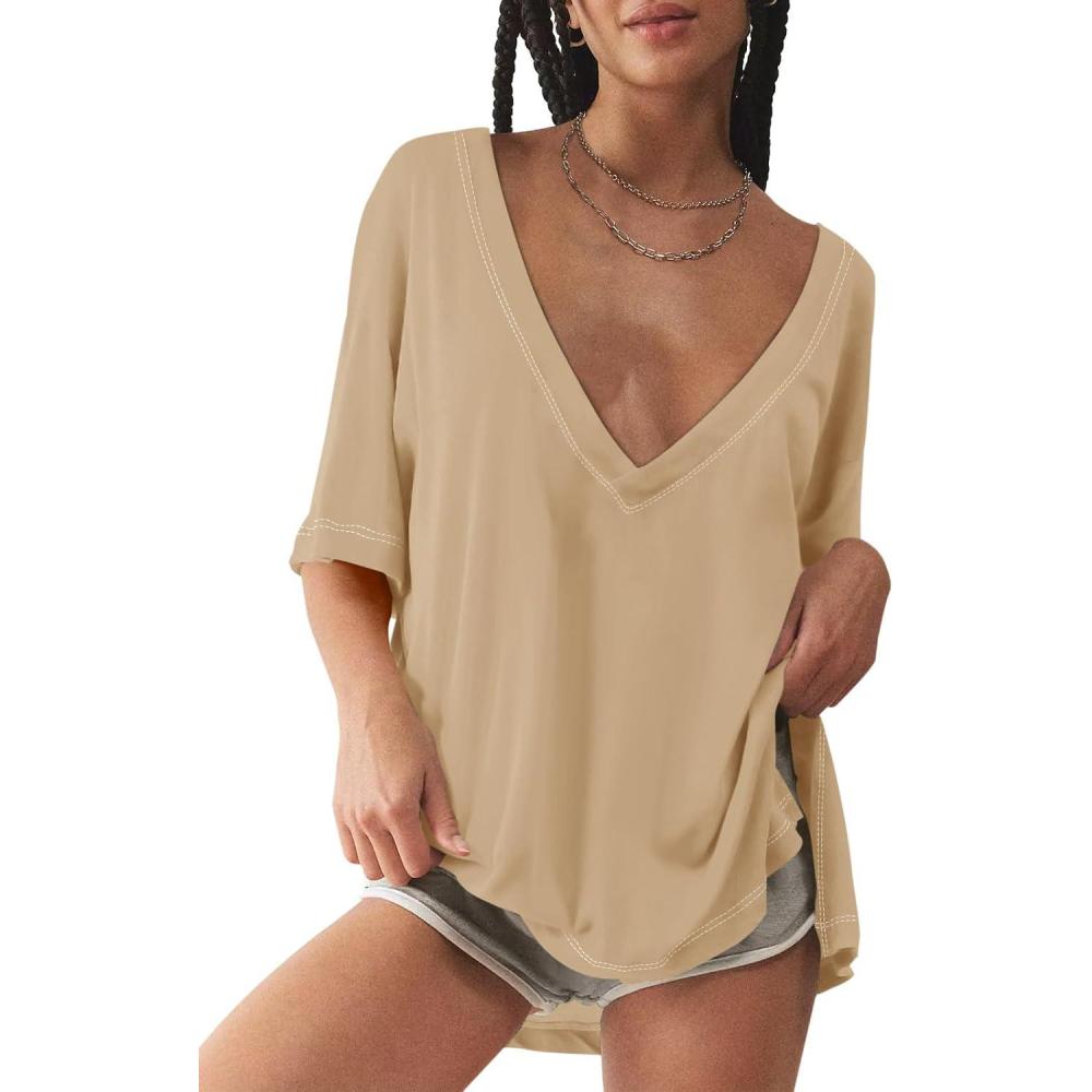 imageTankaneo Womens Oversized Tshirts Deep V Neck Short Sleeve Tops Summer Casual Loose Fit Side Slit Tunic ShirtsKhaki