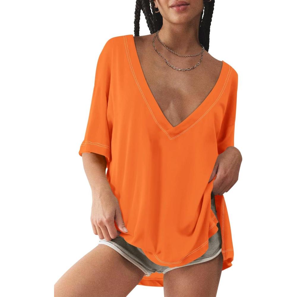 imageTankaneo Womens Oversized Tshirts Deep V Neck Short Sleeve Tops Summer Casual Loose Fit Side Slit Tunic ShirtsOrange