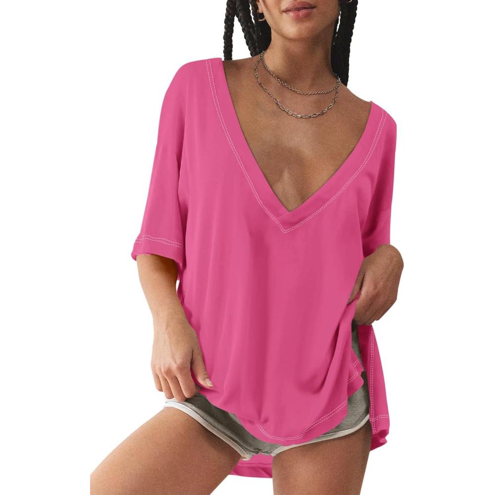 imageTankaneo Womens Oversized Tshirts Deep V Neck Short Sleeve Tops Summer Casual Loose Fit Side Slit Tunic ShirtsRose Red