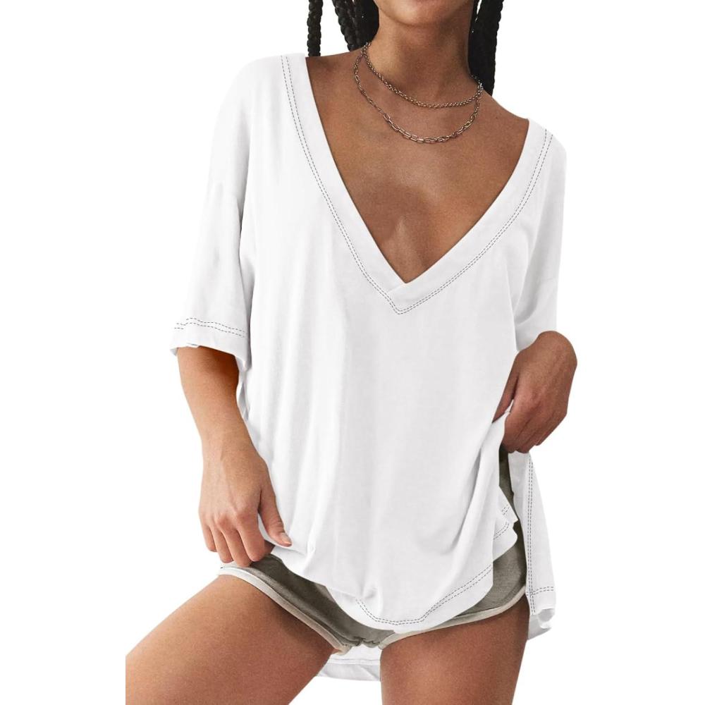 imageTankaneo Womens Oversized Tshirts Deep V Neck Short Sleeve Tops Summer Casual Loose Fit Side Slit Tunic ShirtsWhite