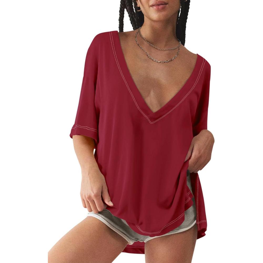 imageTankaneo Womens Oversized Tshirts Deep V Neck Short Sleeve Tops Summer Casual Loose Fit Side Slit Tunic ShirtsWine Red
