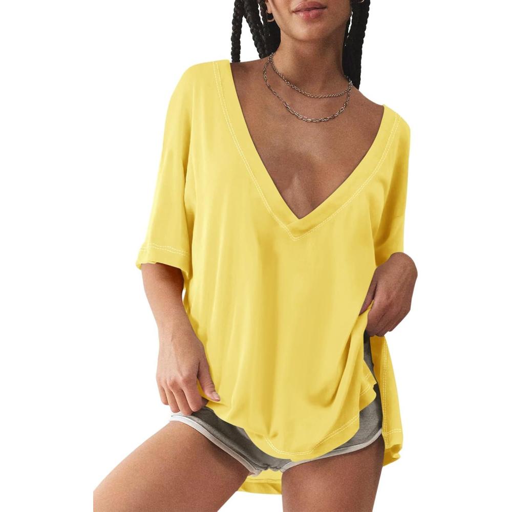 imageTankaneo Womens Oversized Tshirts Deep V Neck Short Sleeve Tops Summer Casual Loose Fit Side Slit Tunic ShirtsYellow