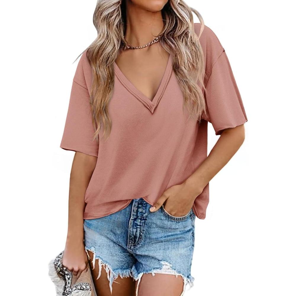 imageTankaneo Womens Oversized Tshirts Deep V Neck Short Sleeve Tops Summer Casual Loose Fit Tunic Tee ShirtOrange