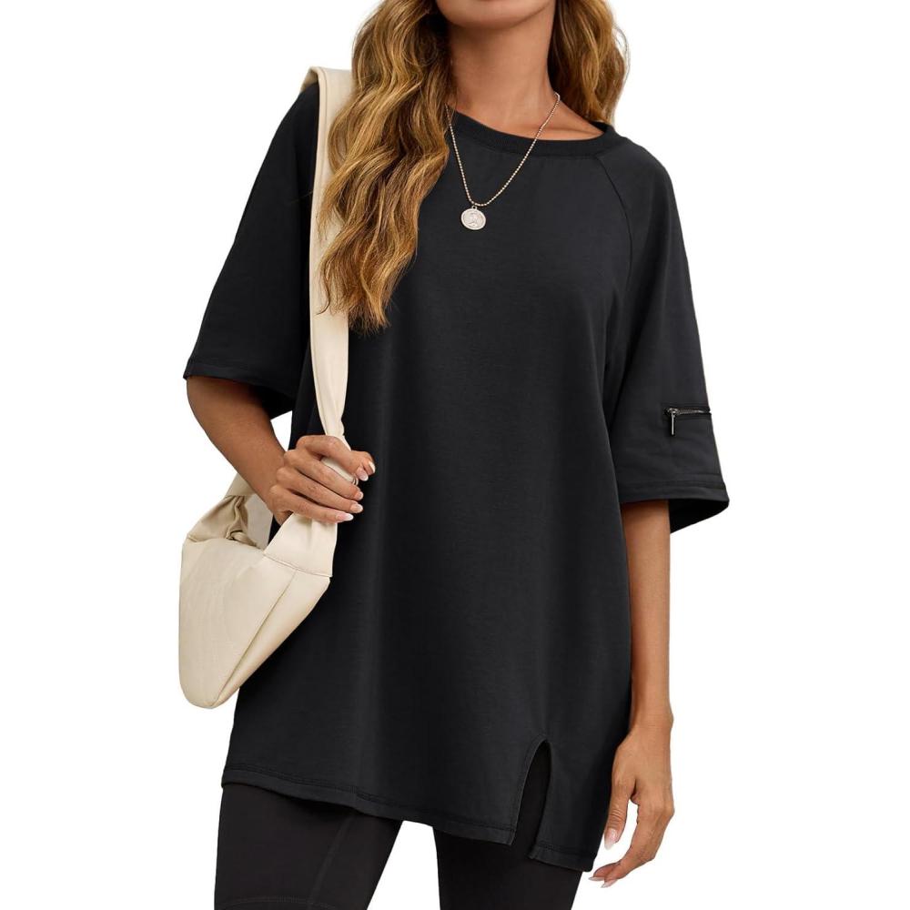 imageTankaneo Womens Oversized Workout Tshirts Split Hem Raglan Short Sleeve Tops Summer Casual Loose Fit Tee ShirtBlack
