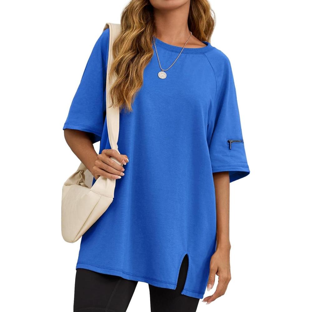 imageTankaneo Womens Oversized Workout Tshirts Split Hem Raglan Short Sleeve Tops Summer Casual Loose Fit Tee ShirtBlue