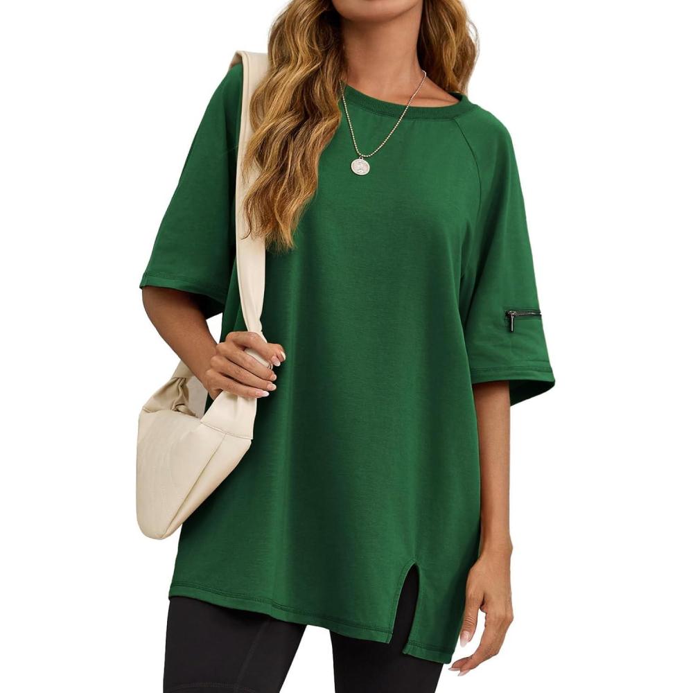 imageTankaneo Womens Oversized Workout Tshirts Split Hem Raglan Short Sleeve Tops Summer Casual Loose Fit Tee ShirtDark Green