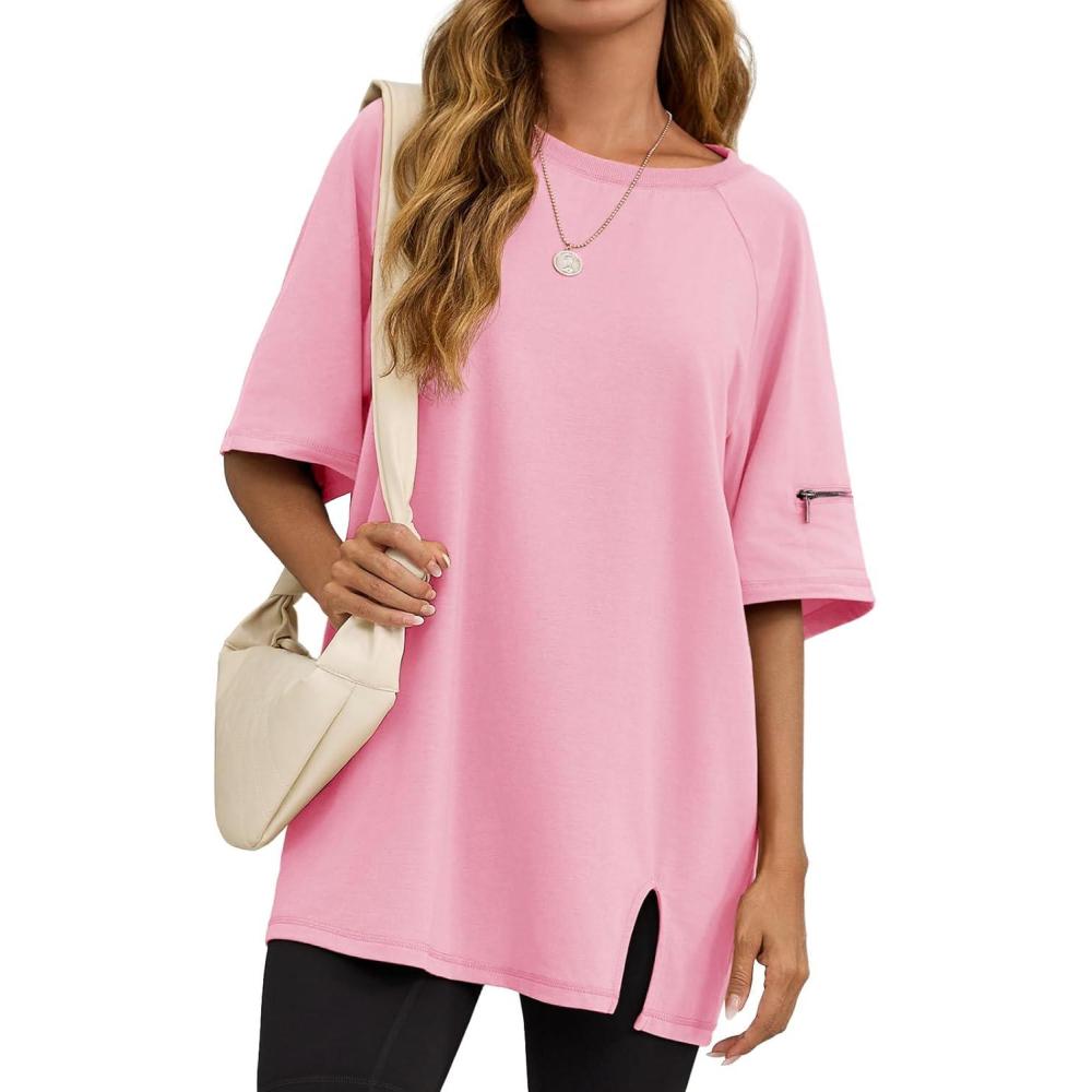 imageTankaneo Womens Oversized Workout Tshirts Split Hem Raglan Short Sleeve Tops Summer Casual Loose Fit Tee ShirtLight Pink