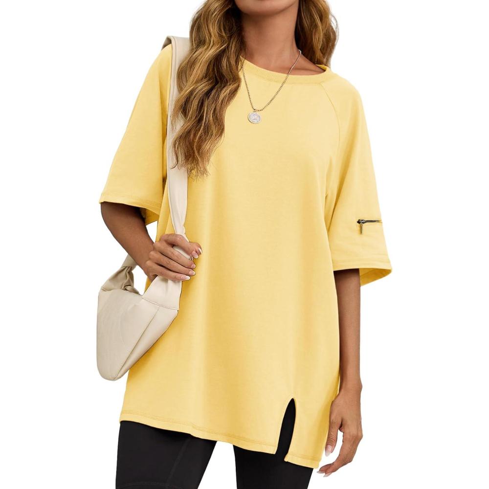 imageTankaneo Womens Oversized Workout Tshirts Split Hem Raglan Short Sleeve Tops Summer Casual Loose Fit Tee ShirtLight Yellow