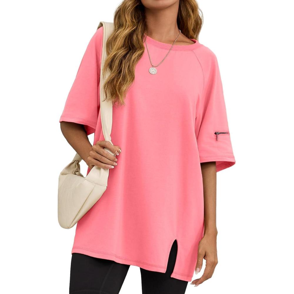 imageTankaneo Womens Oversized Workout Tshirts Split Hem Raglan Short Sleeve Tops Summer Casual Loose Fit Tee ShirtPink