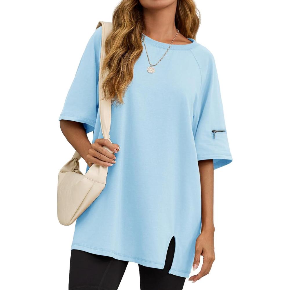 imageTankaneo Womens Oversized Workout Tshirts Split Hem Raglan Short Sleeve Tops Summer Casual Loose Fit Tee ShirtSky Blue
