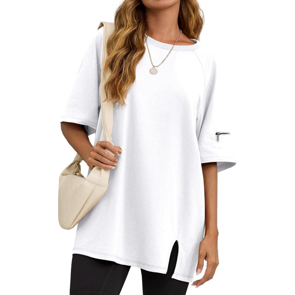 imageTankaneo Womens Oversized Workout Tshirts Split Hem Raglan Short Sleeve Tops Summer Casual Loose Fit Tee ShirtWhite