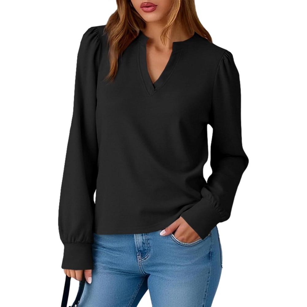 imageTankaneo Womens Puff Long Sleeve Tunic Tops Trendy Casual V Neck Fall Shirts Loose Fit Basic TeesBlack