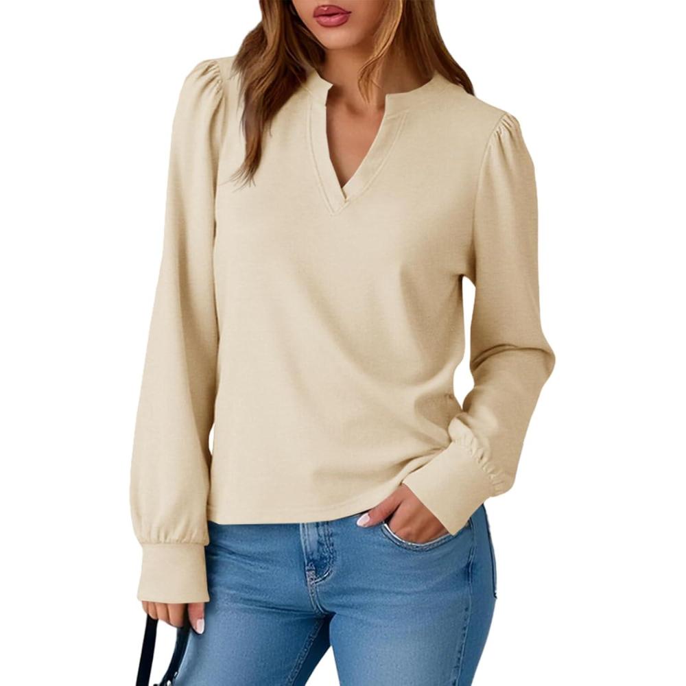 imageTankaneo Womens Puff Long Sleeve Tunic Tops Trendy Casual V Neck Fall Shirts Loose Fit Basic TeesLight Khaki