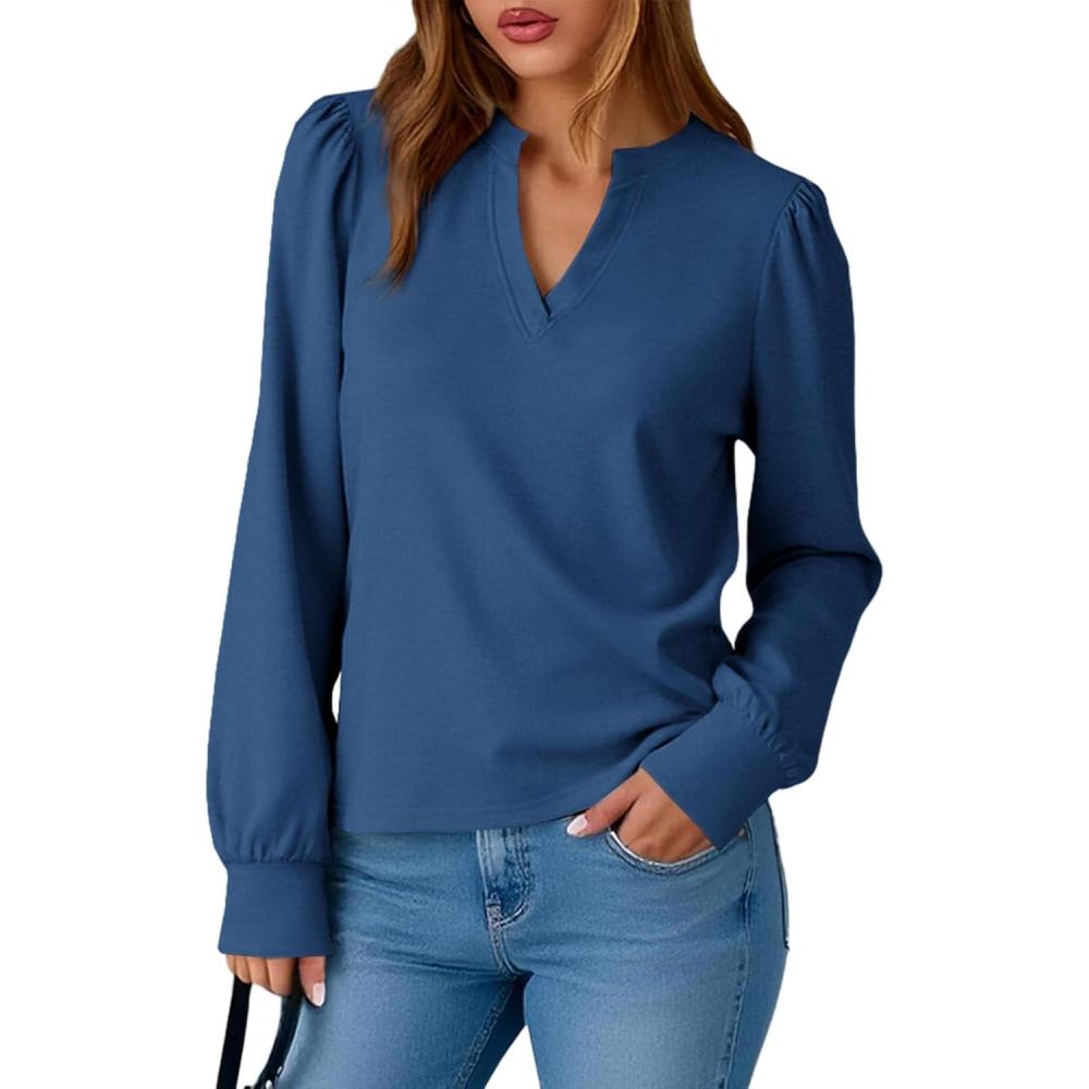 imageTankaneo Womens Puff Long Sleeve Tunic Tops Trendy Casual V Neck Fall Shirts Loose Fit Basic TeesNavy